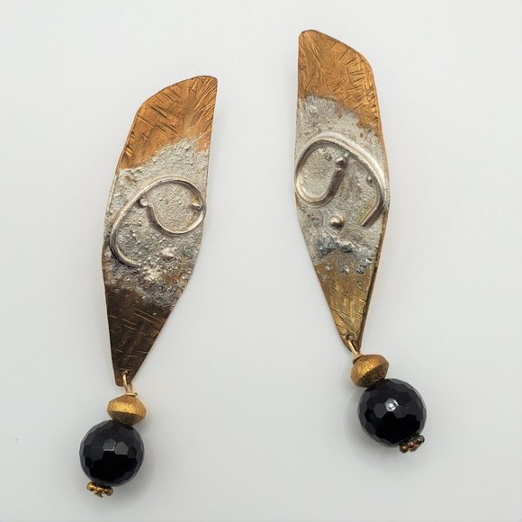 Hand-Crafted Artisan Earrings - Burnished Gold/Silver Tone - Black Dangle - Picture 1 of 8
